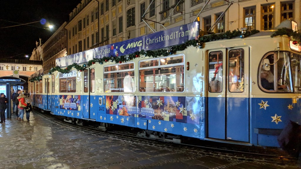 Tram decorated for Christmas with garlands