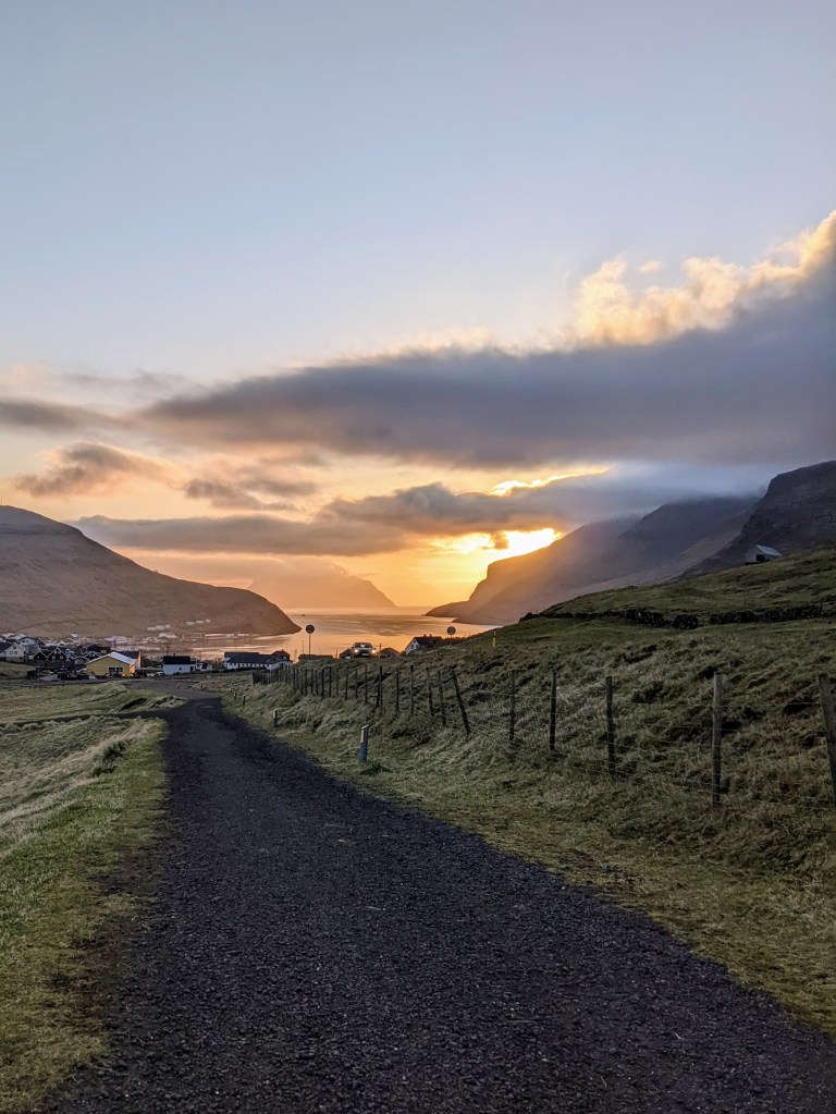 Walking path from the airport to Sørvágur at sunset