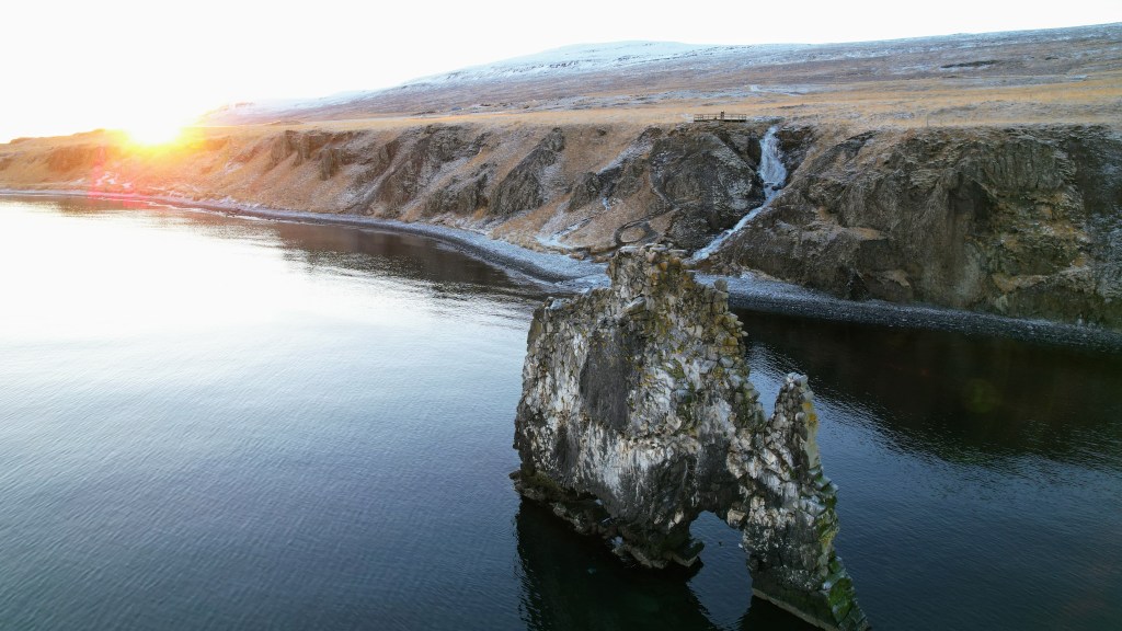 A drone photo of Hvitserkur sea stack in northern Iceland