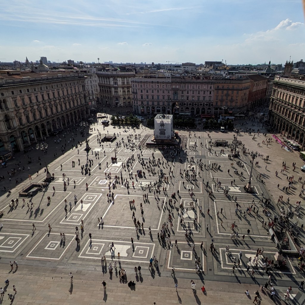A view over the piazza del Duomo from above in Milan, Italy