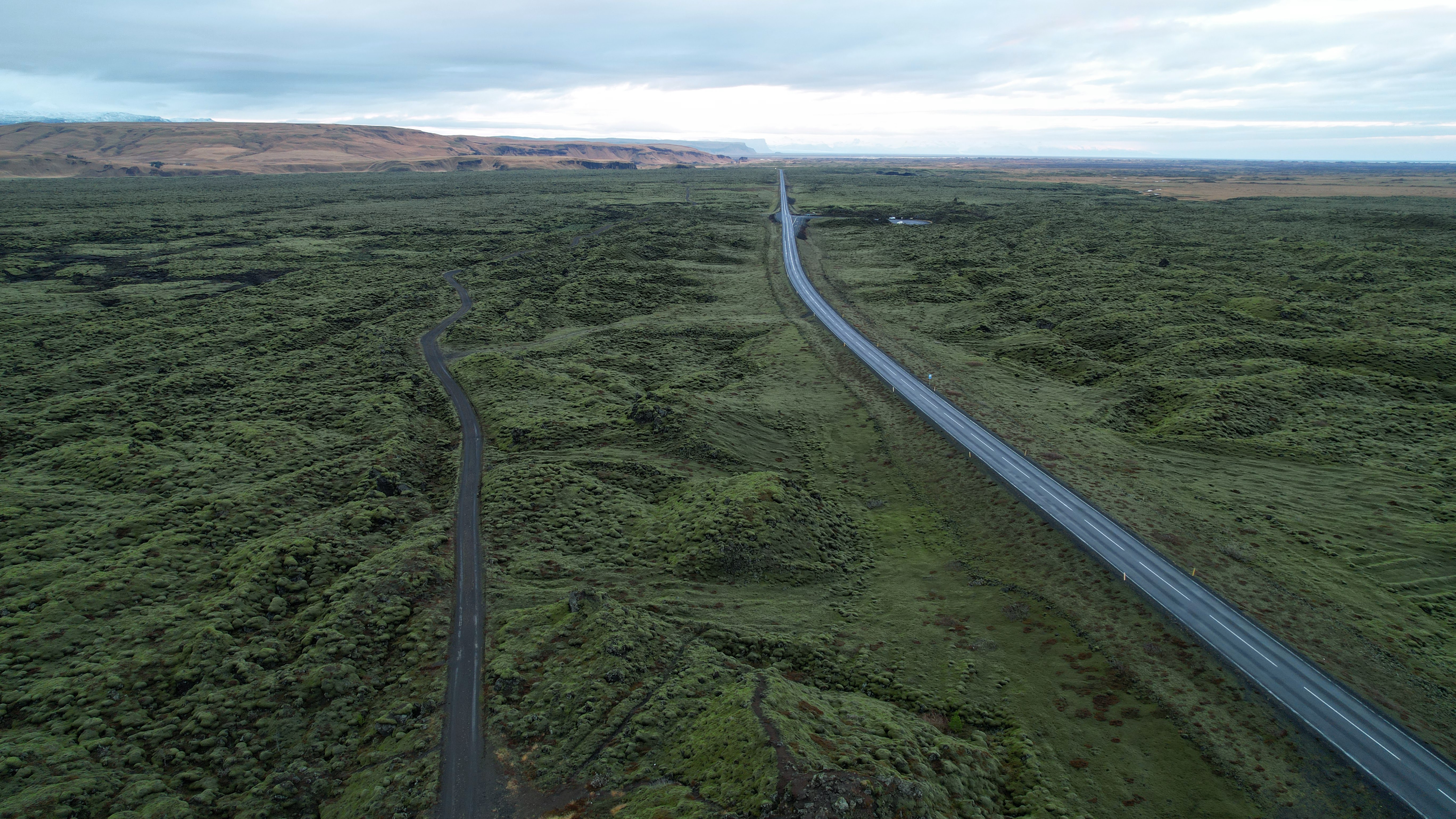 Fields of moss line either side of the road in southern Iceland