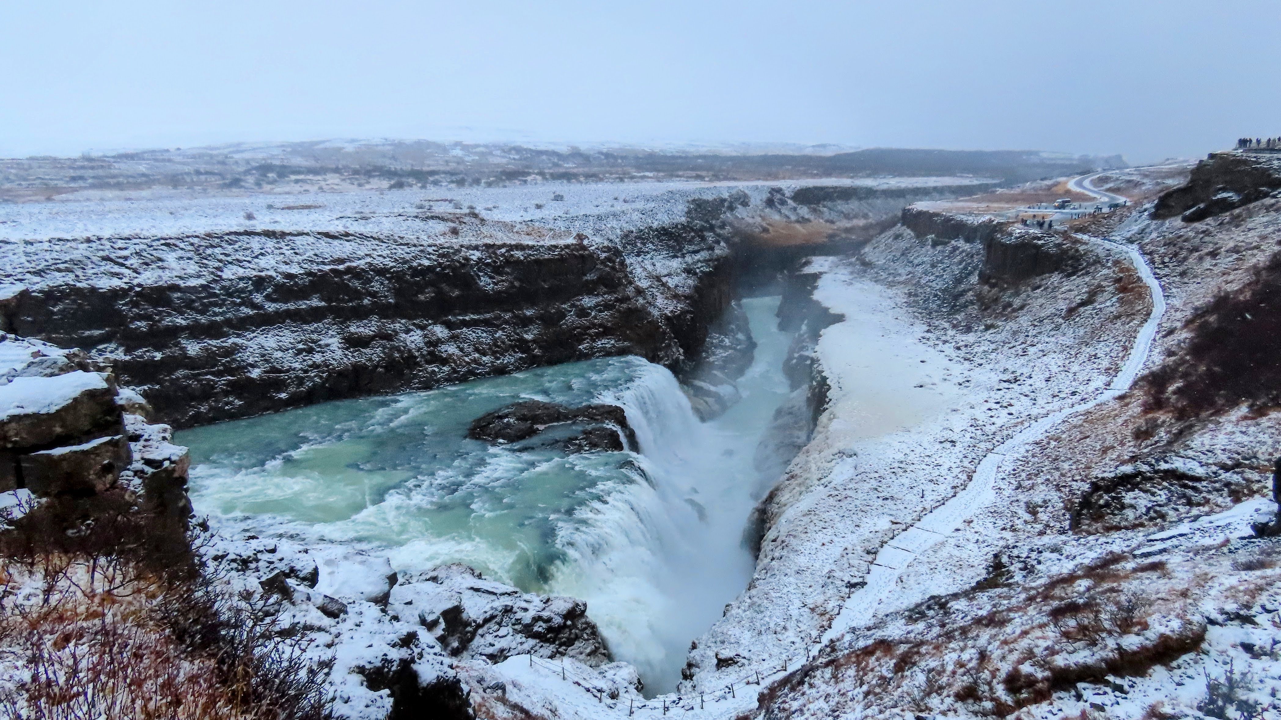 Gullfoss waterfall in southern Iceland as viewed in winter from the upper viewing platform