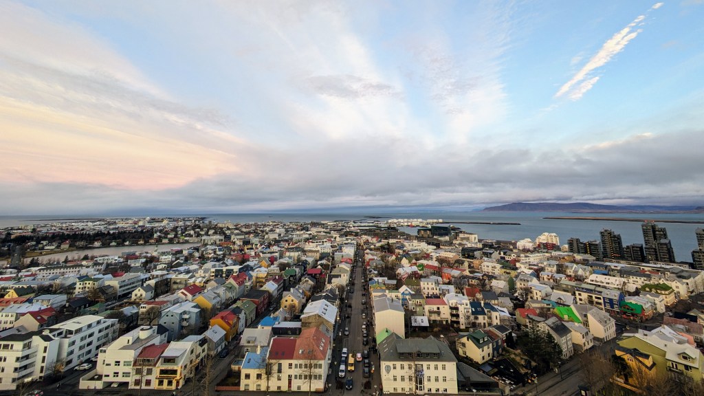 A view of downtown Reykjavik, the capital of Iceland, from the top of the city's main church of Hallgrimskirkja